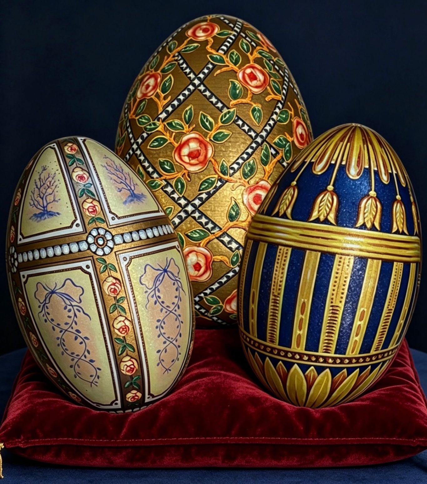 Fabergé-eieren Drie prachtig versierde eieren op een rode fluwelen ondergrond.