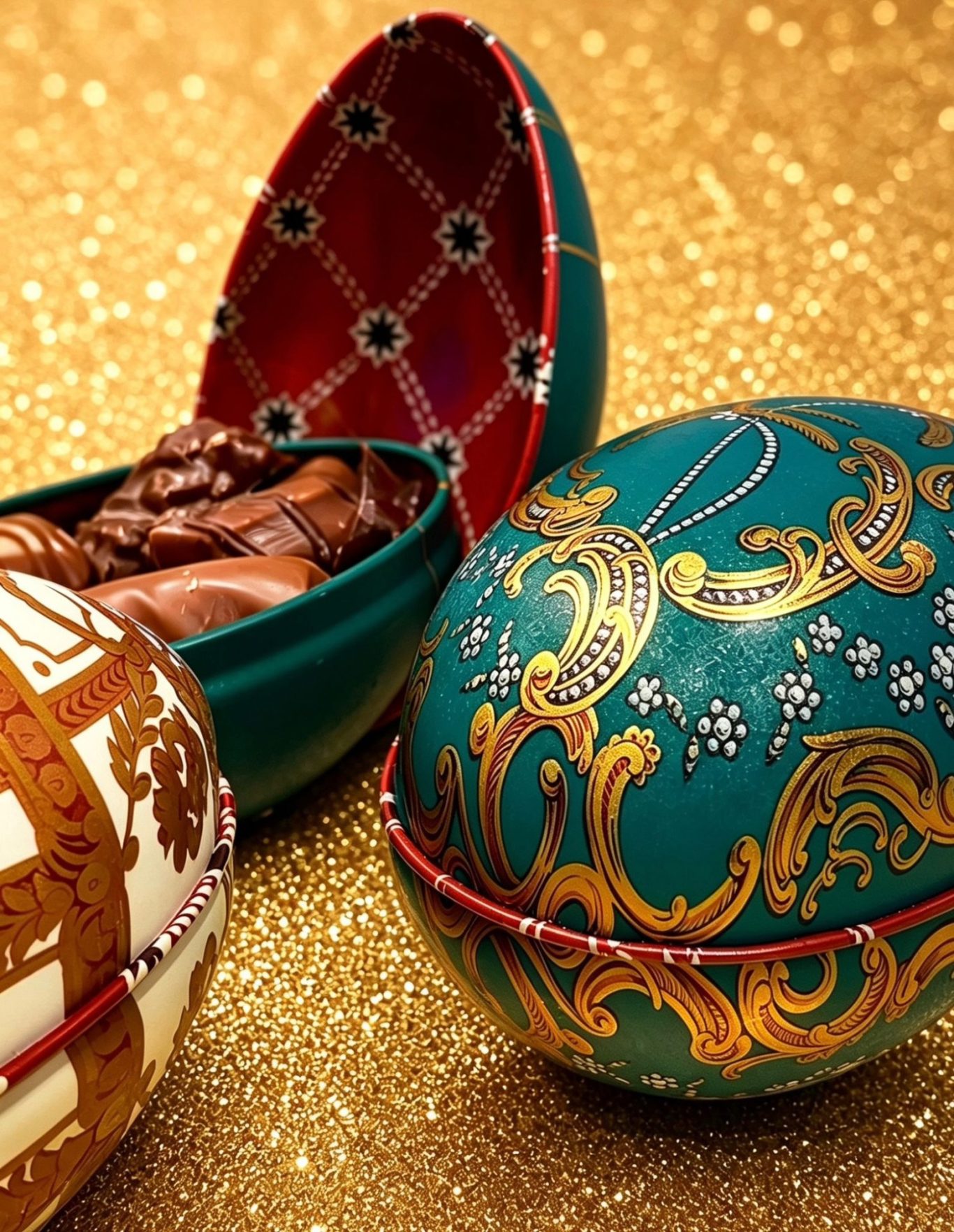 Fabergé-eieren Kleurrijke, versierde eieren op een gouden achtergrond, met een halfopen ei.